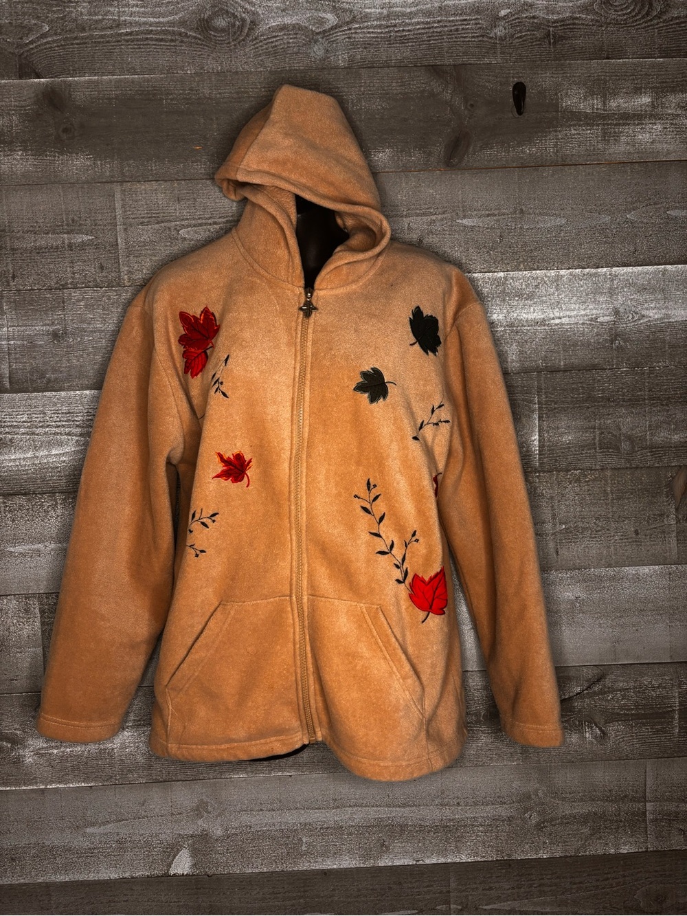 Cozy M Embroidered Hooded fall leaves autumn Fleece Jacket - Tan